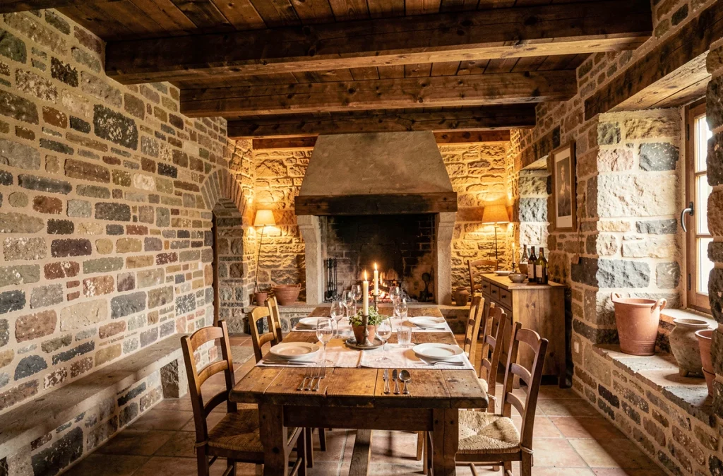 Salle voûtée en pierre de l'Auberge du XIIème Siècle à Saché, avec poutres apparentes, cheminée en pierre et table gastronomique dressée à la bougie