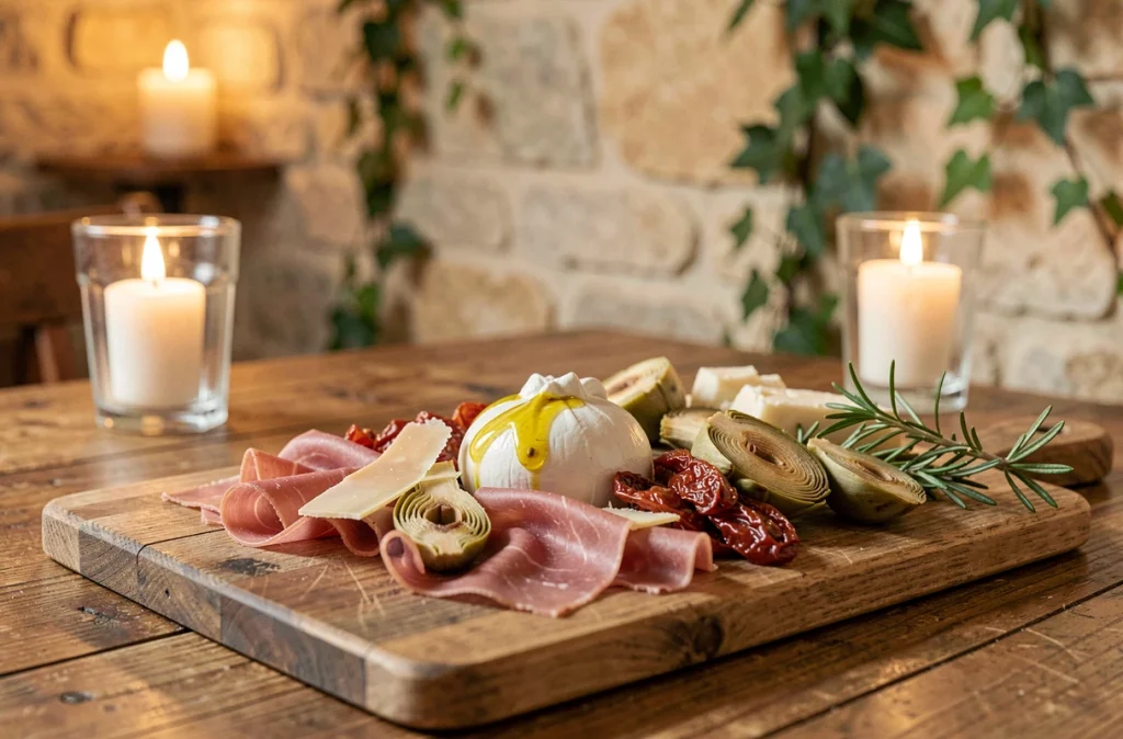 Planche d'antipasti italiens avec burrata, bresaola et artichauts marinés dans l'atmosphère romantique de Bacio Divino à Lille