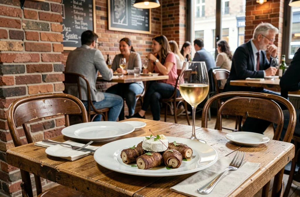 Table conviviale du restaurant Chez Gaster à Tours avec assiette de rillons et fromage de chèvre tourangeau, décor en brique apparente et ambiance bistrot animée