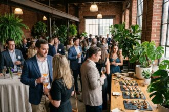 Cocktail d'entreprise chic et écoresponsable avec buffet zéro déchet et décoration végétale dans une salle de réception moderne