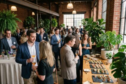 Cocktail d'entreprise chic et écoresponsable avec buffet zéro déchet et décoration végétale dans une salle de réception moderne