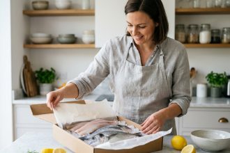 Femme déballant une commande de poissons frais livrée à domicile dans une cuisine moderne