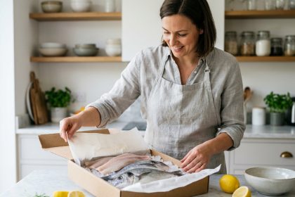 Femme déballant une commande de poissons frais livrée à domicile dans une cuisine moderne