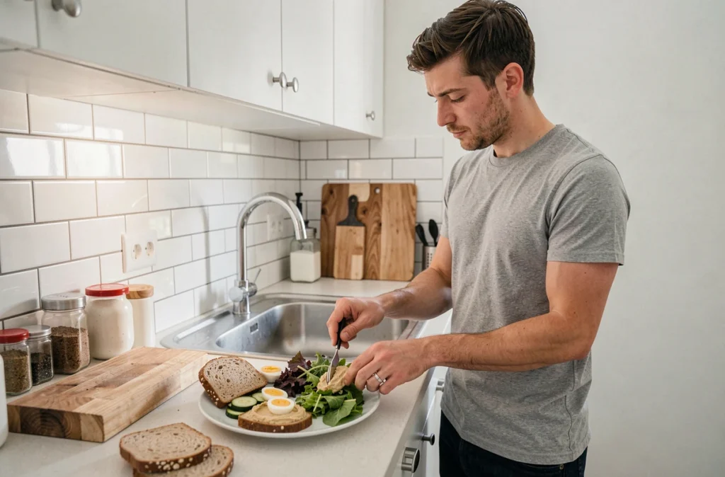 Homme préparant rapidement un déjeuner sain et équilibré dans sa cuisine à domicile