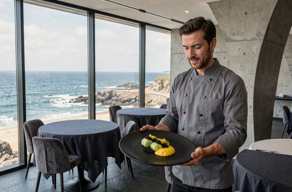 Chef présentant une assiette moderne au restaurant Dialogues à Biarritz avec vue panoramique sur l'Atlantique et la Grande Plage