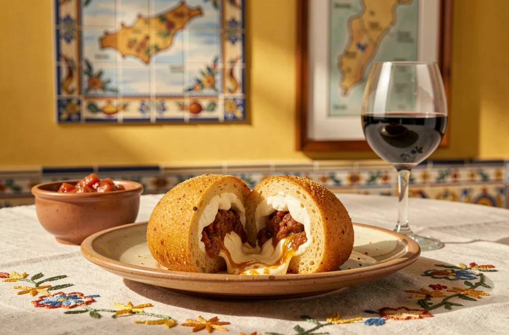 Arancino sicilien coupé en deux révélant son cœur ragù et mozzarella, accompagné de caponata au restaurant Domus Sicilia à Lille