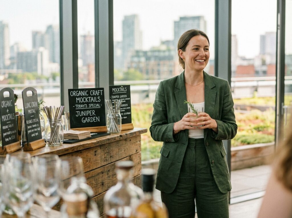 Femme professionnelle tenant un cocktail sans alcool écoresponsable lors d'un événement d'entreprise chic avec bar en bois recyclé