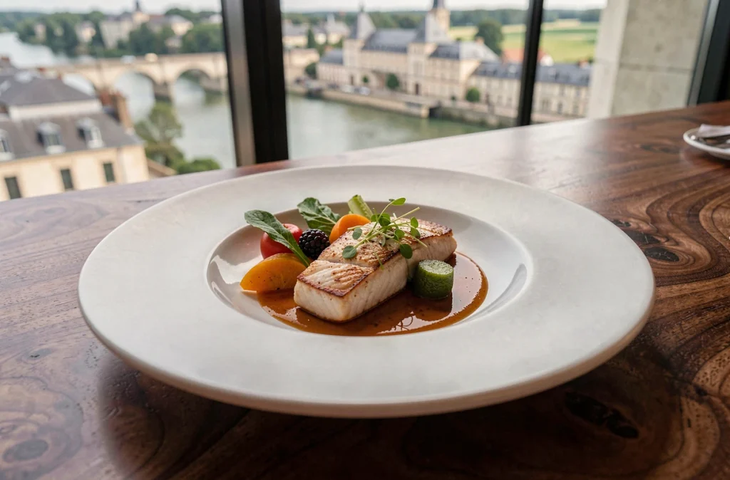 Assiette gastronomique raffinée du restaurant Fleur de Loire à Blois, avec poisson et légumes de la Loire artistiquement dressés sur porcelaine blanche