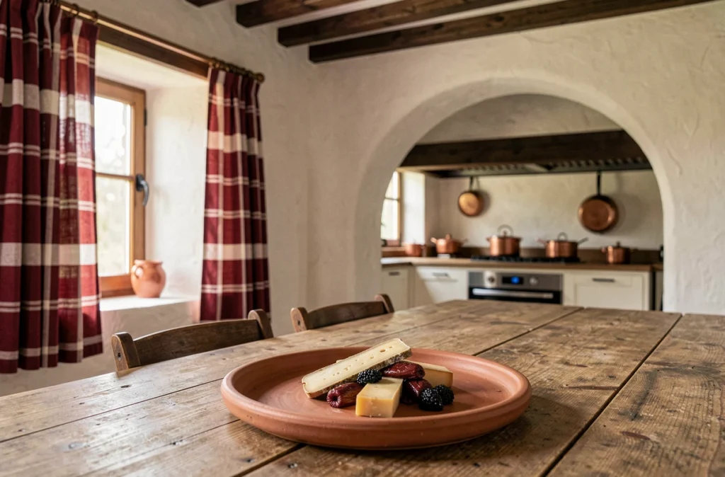 Assiette de cuisine basque au restaurant Les Frères Ibarboure à Bidart avec cuisine ouverte et décoration traditionnelle basque en arrière-plan