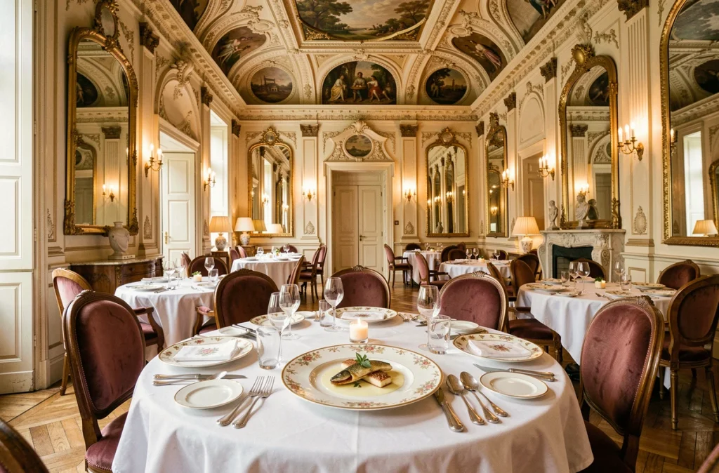 Salle de restaurant du Grand Hôtel du Lion d'Or à Romorantin-Lanthenay avec décor Renaissance, vaisselle en porcelaine de Limoges et assiette de sandre de Sologne