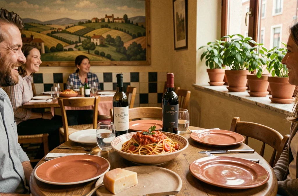 Table familiale avec spaghetti al pomodoro, Chianti et décor rustique chaleureux au restaurant IL Piccolino à Lille