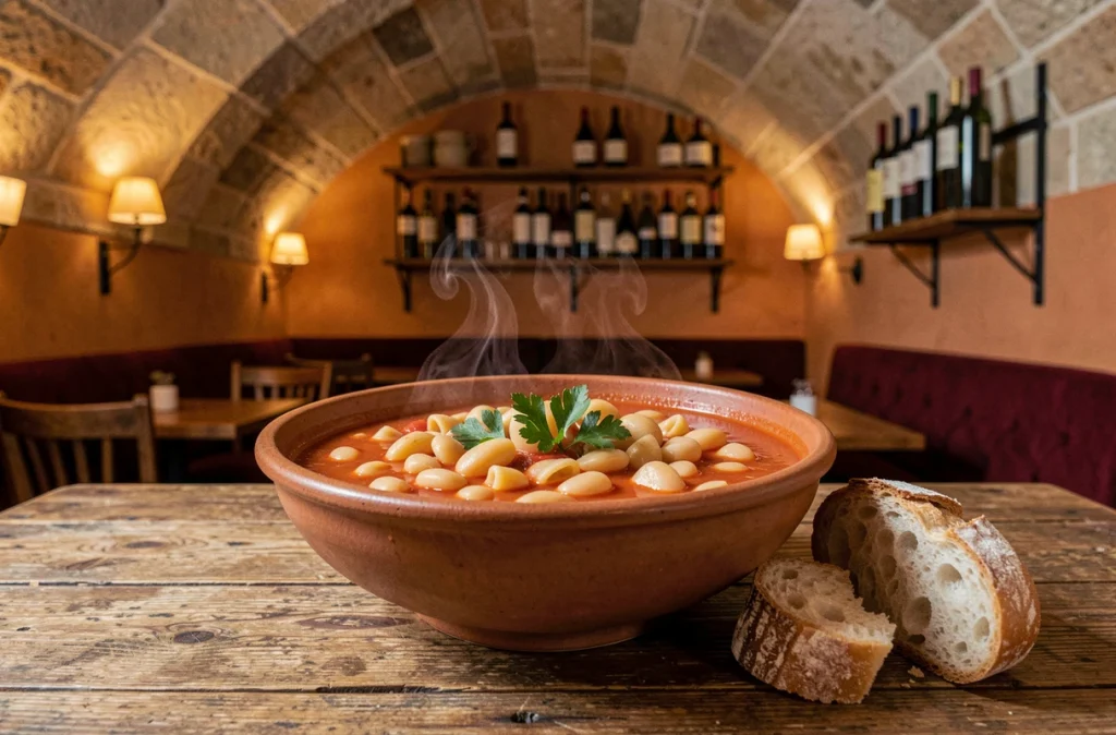Bol de pasta e fagioli fumante avec pain de campagne dans le décor voûté et rustique du restaurant In Bocca Al Lupo à Lille