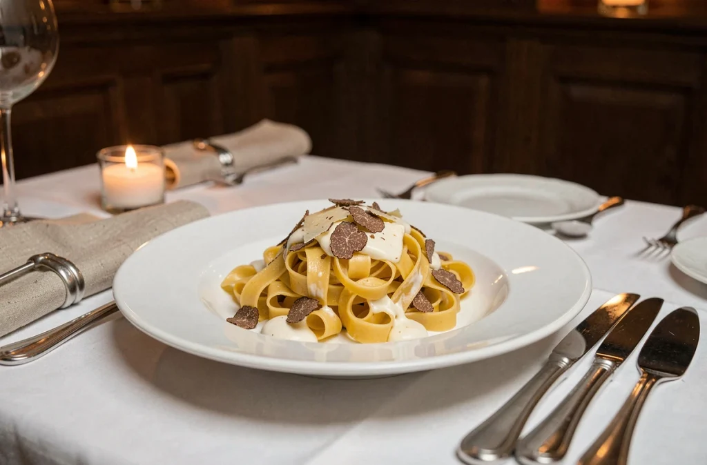 Assiette de tagliatelles à la truffe et parmesan dans un cadre raffiné au restaurant La Bellezza à Lille