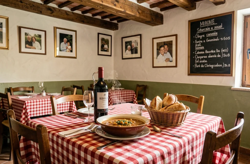 Table d'une trattoria conviviale avec nappe à carreaux rouges, soupe ribollita fumante et carafe de vin rouge à La Fossetta Lille
