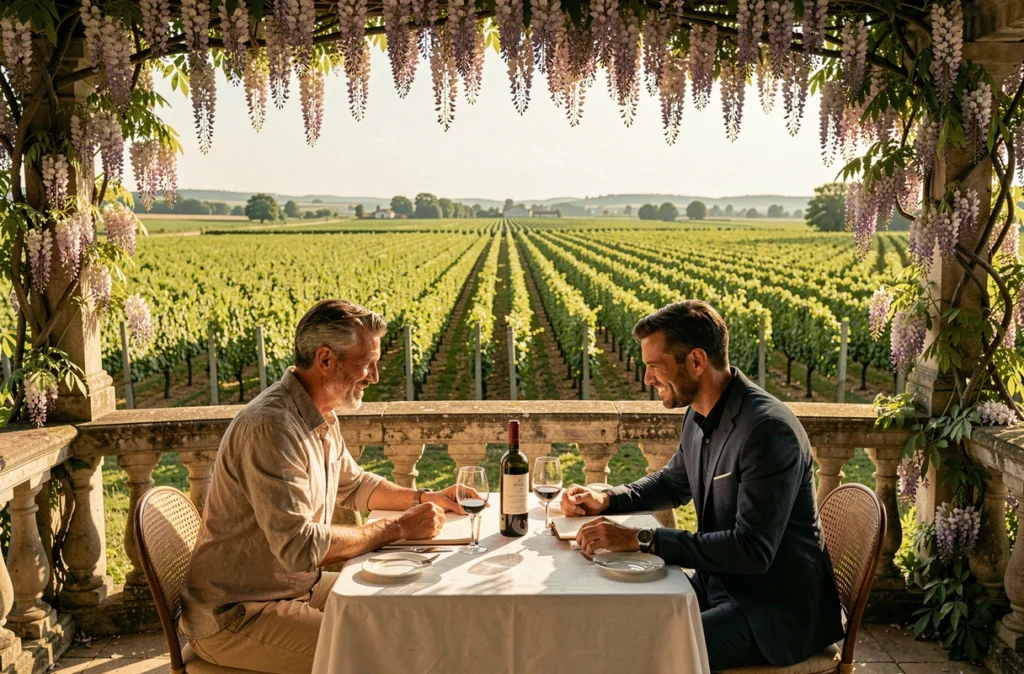 Table en terrasse de La Grand'Vigne aux Sources de Caudalie à Martillac avec vue panoramique sur les vignes bordelaises