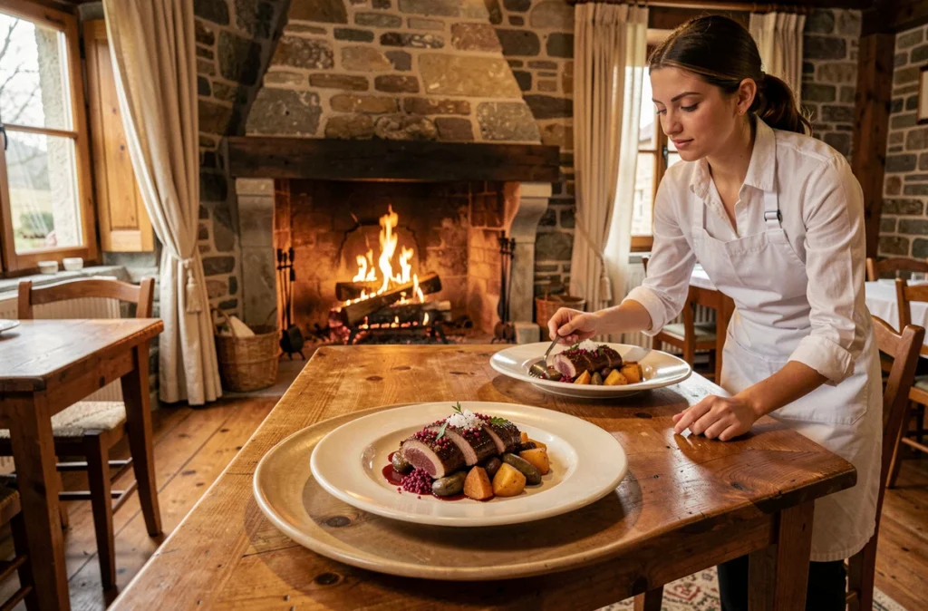 Assiette de confit de canard au piment d'Espelette à La Palantxa à Mouguerre dans un cadre de ferme basque authentique avec cheminée