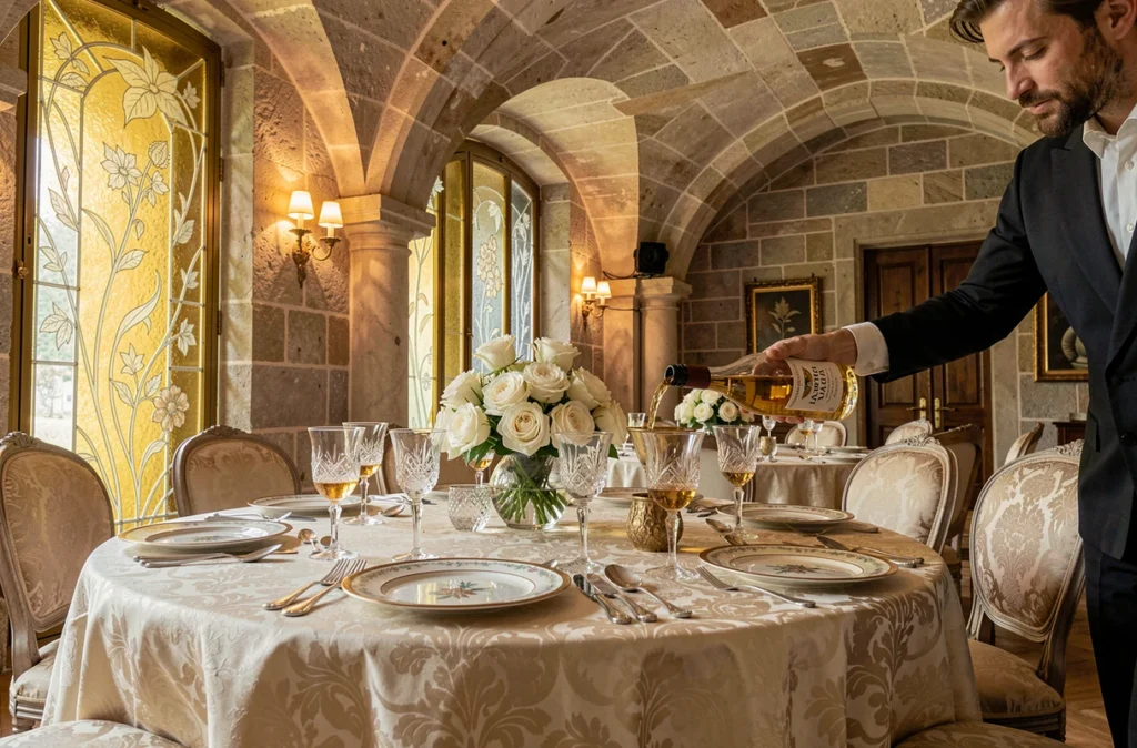 Salle du restaurant Lalique au Château Lafaurie-Peyraguey à Bommes avec décor en cristal Lalique et service de Sauternes