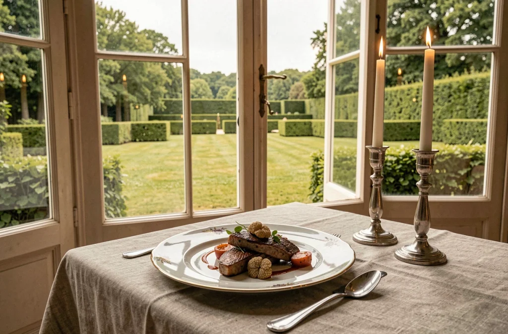 Table gastronomique du restaurant Le Favori aux Sources de Cheverny avec assiette de gibier de Sologne et vue sur le parc du château à travers de grandes portes-fenêtres