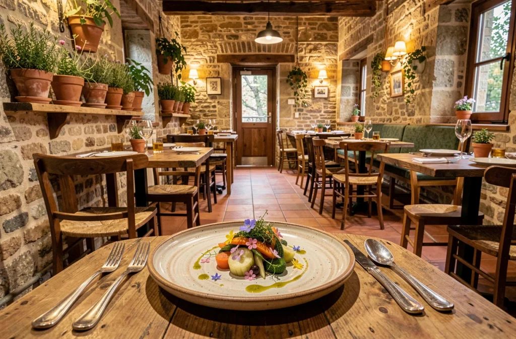 Intérieur chaleureux du restaurant Les Jardiniers à Ligré avec assiette de légumes de saison dressée sur céramique artisanale et décor en pierre et bois