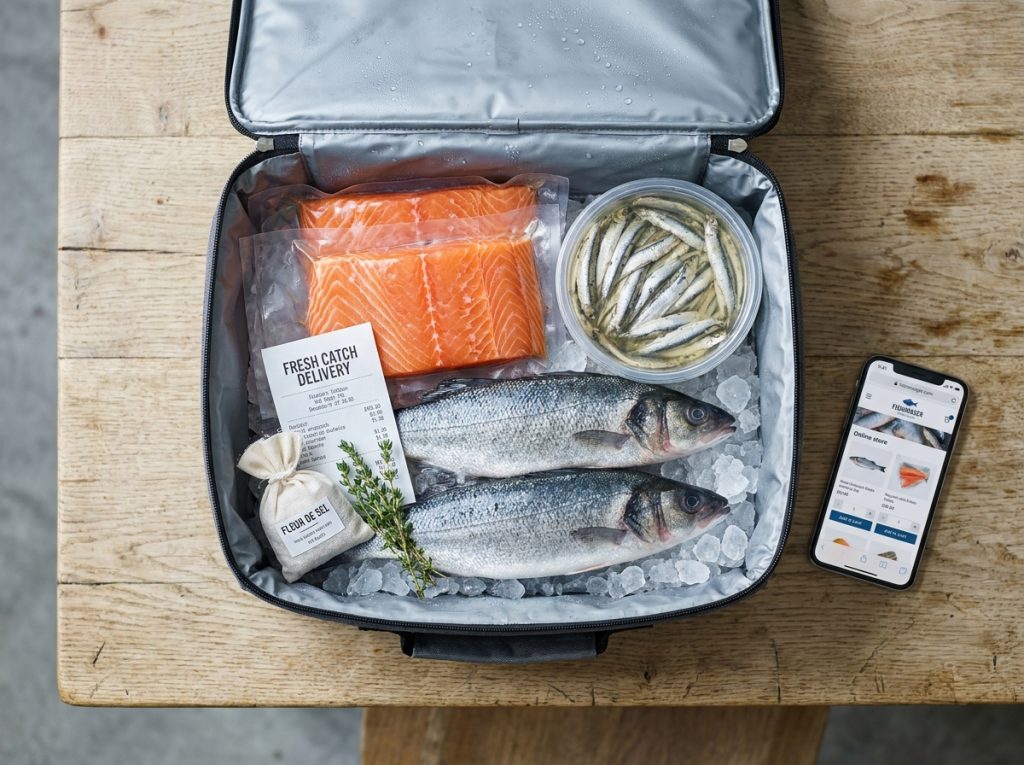 Vue de dessus d'une livraison de poissons frais commandés en ligne avec emballage isotherme ouvert