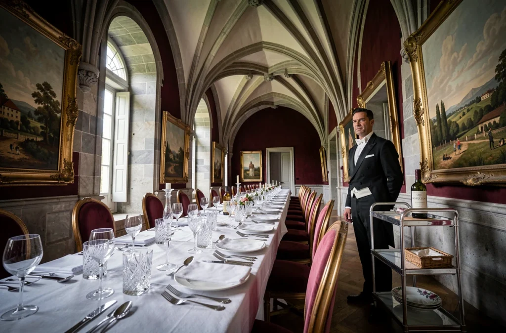 Grande salle de restaurant La Maison d'Estournel à Saint-Estèphe avec plafonds voûtés, oeuvres d'art et service en salle de prestige