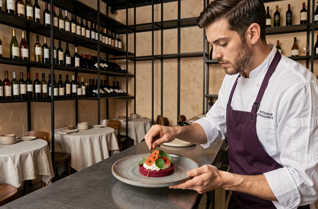 Chef de Maison Nouvelle à Bordeaux dressant une assiette végétale contemporaine dans un restaurant au décor urbain chaleureux
