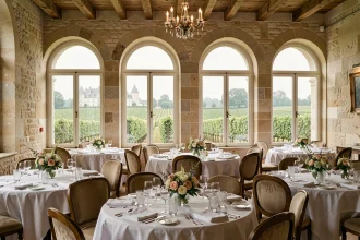 Salle de restaurant gastronomique élégante en Centre-Val de Loire, avec tables dressées en lin blanc, verres en cristal et vue sur des vignobles et châteaux