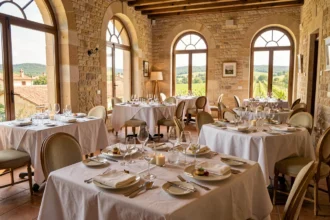 Vue panoramique d'une salle de restaurant gastronomique en Nouvelle-Aquitaine avec tables élégamment dressées et paysage de vignes en arrière-plan