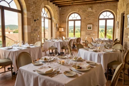 Vue panoramique d'une salle de restaurant gastronomique en Nouvelle-Aquitaine avec tables élégamment dressées et paysage de vignes en arrière-plan