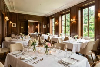 Vue panoramique d'une salle de restaurant gastronomique élégante dans les Hauts-de-Seine, avec tables dressées, verrerie fine et fenêtres sur jardin
