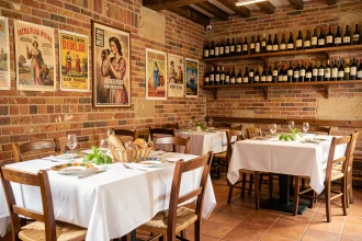Salle de restaurant italien chaleureuse avec tables en lin blanc, carrelage en terre cuite et bouteilles de vin sur étagères en bois