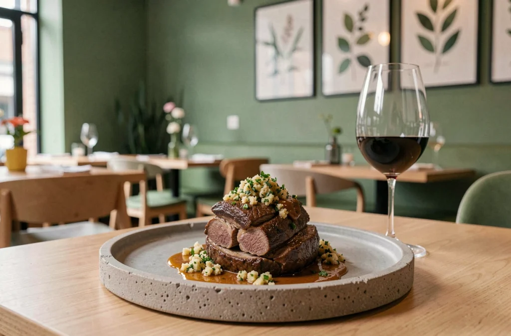 Assiette d'osso buco avec gremolata et verre de Barolo dans le restaurant Origano à Lille