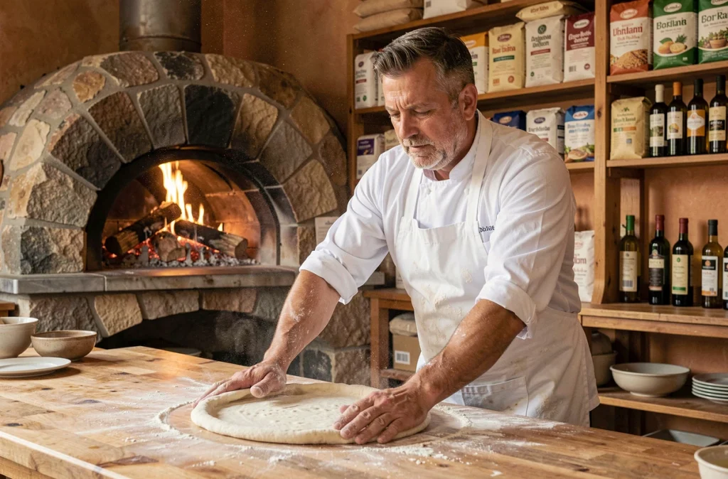 Pizzaiolo artisan étirant une pâte à pizza à la main devant un four à bois dans la pizzeria Papà Raffaele à Lille