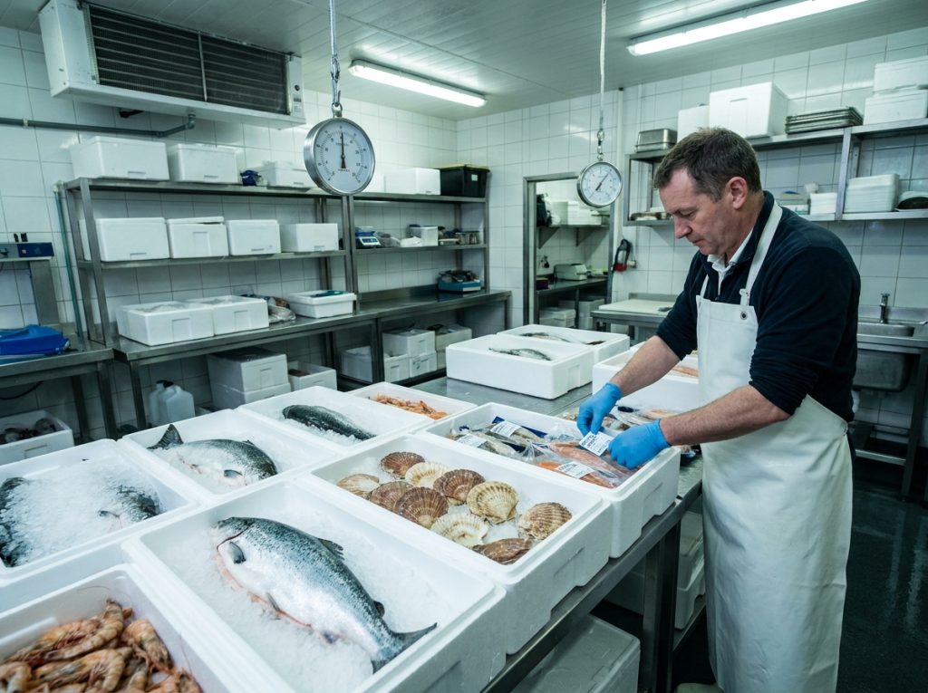 Poissonnier professionnel préparant des commandes de fruits de mer frais pour la livraison en ligne