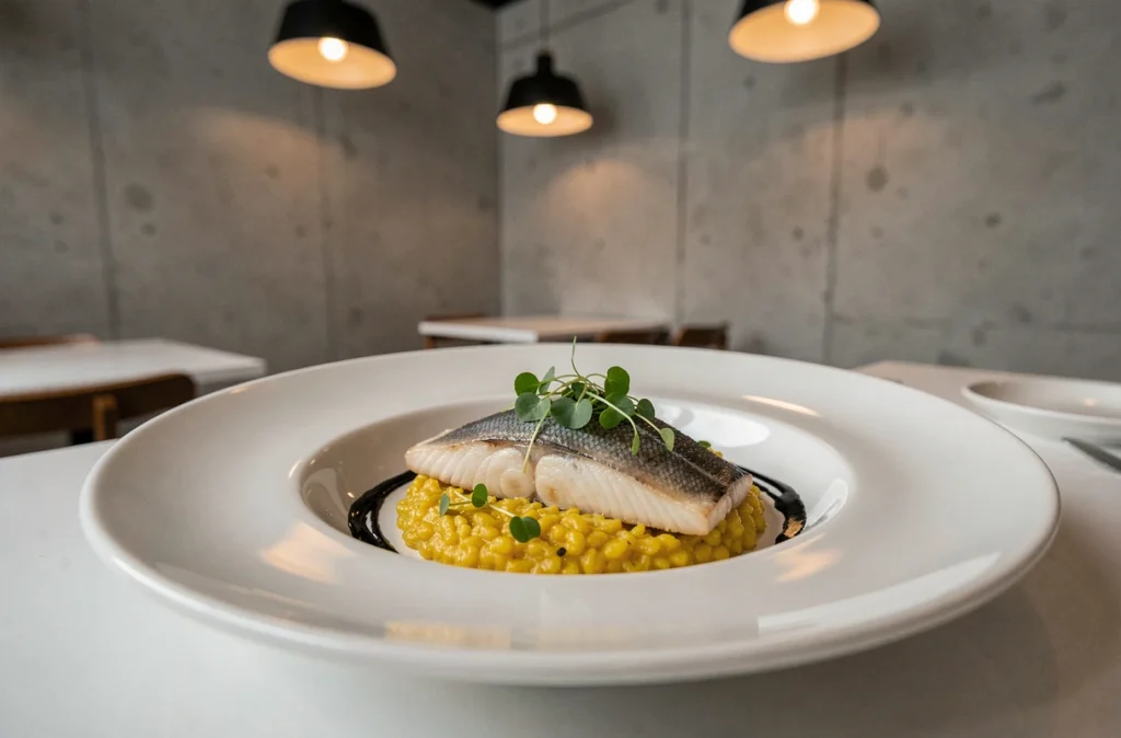 Bar poêlé sur risotto au safran avec réduction à l'encre de seiche dans le cadre épuré et contemporain du restaurant Posto à Lille