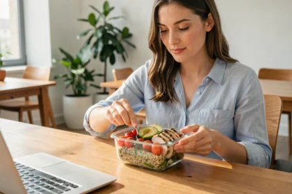 Femme préparant un repas équilibré dans une boîte en verre pendant sa pause déjeuner au bureau