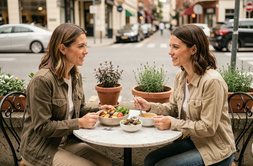 Deux femmes partageant un repas équilibré et rapide en terrasse de café pendant leur pause déjeuner