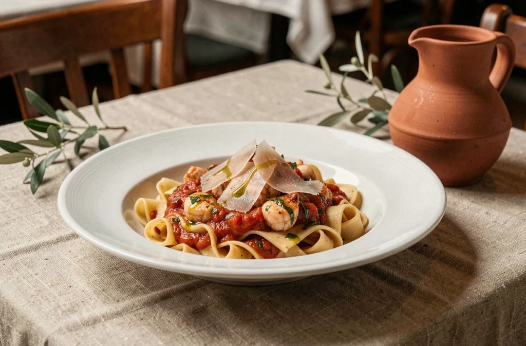 Assiette de pasta fraîche méditerranéenne aux fruits de mer et bottarga du restaurant Gramaci à Puteaux, présentée sur bol en faïence avec décor lin et carafe terracotta