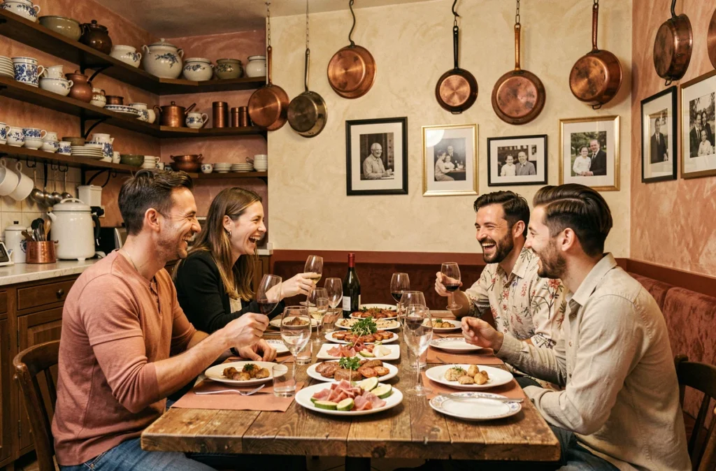 Groupe d'amis partageant des plats conviviaux à grande table chez In Casa à Levallois-Perret, intérieur chaleureux façon trattoria avec cuisine ouverte et céramiques