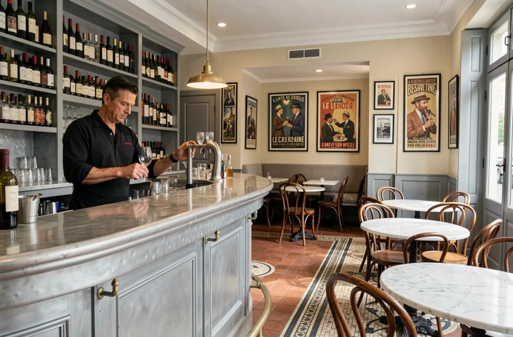 Bar en zinc et salle du bistrot-brasserie Le Cercle à Asnières-sur-Seine, avec tables rondes en marbre, chaises bentwood et sol en mosaïque