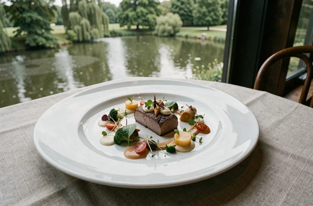 Assiette gastronomique raffinée du restaurant Le Corot à Ville-d'Avray, dressée avec précision artistique près d'une fenêtre donnant sur un étang boisé
