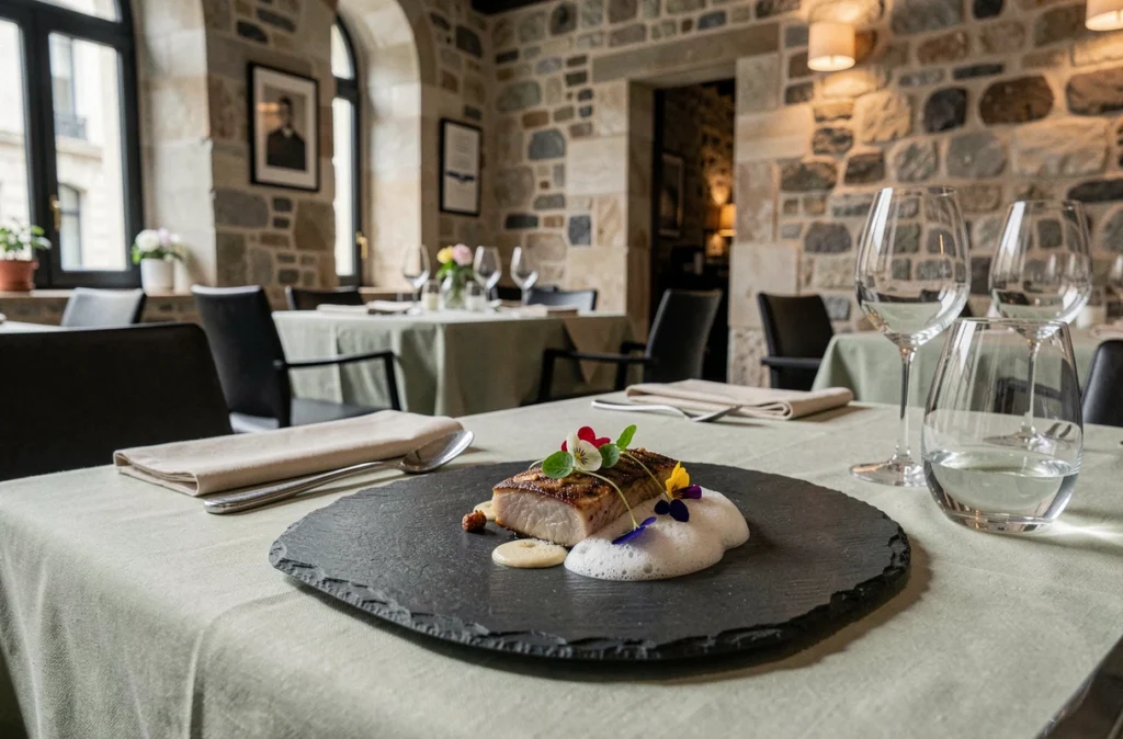 Plat de menu dégustation étoilé de L'Escarbille à Meudon, servi sur ardoise avec décor de salle en pierre et ambiance bistrot ferroviaire contemporain