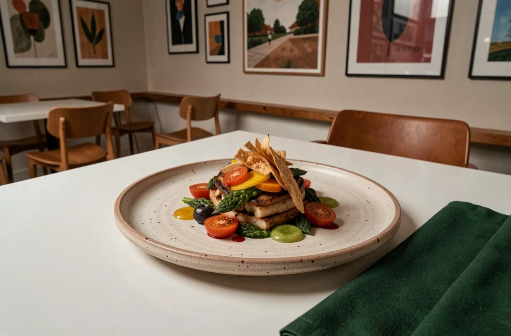 Assiette d'auteur créative de la Maison Avoise à Issy-les-Moulineaux, dressage sculptural sur céramique artisanale dans un cadre contemporain épuré