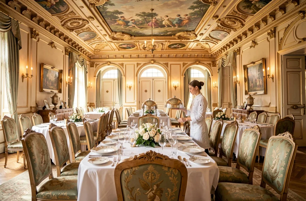 Salle à manger Belle Époque du restaurant Michel Guérard à Eugénie-les-Bains avec plafonds ornés et service en salle élégant