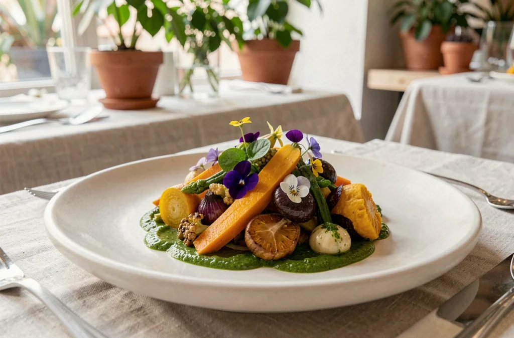 Assiette gastronomique végétale et colorée du restaurant Ochre à Rueil-Malmaison, mettant en valeur légumes de saison et fleurs comestibles sur porcelaine mate