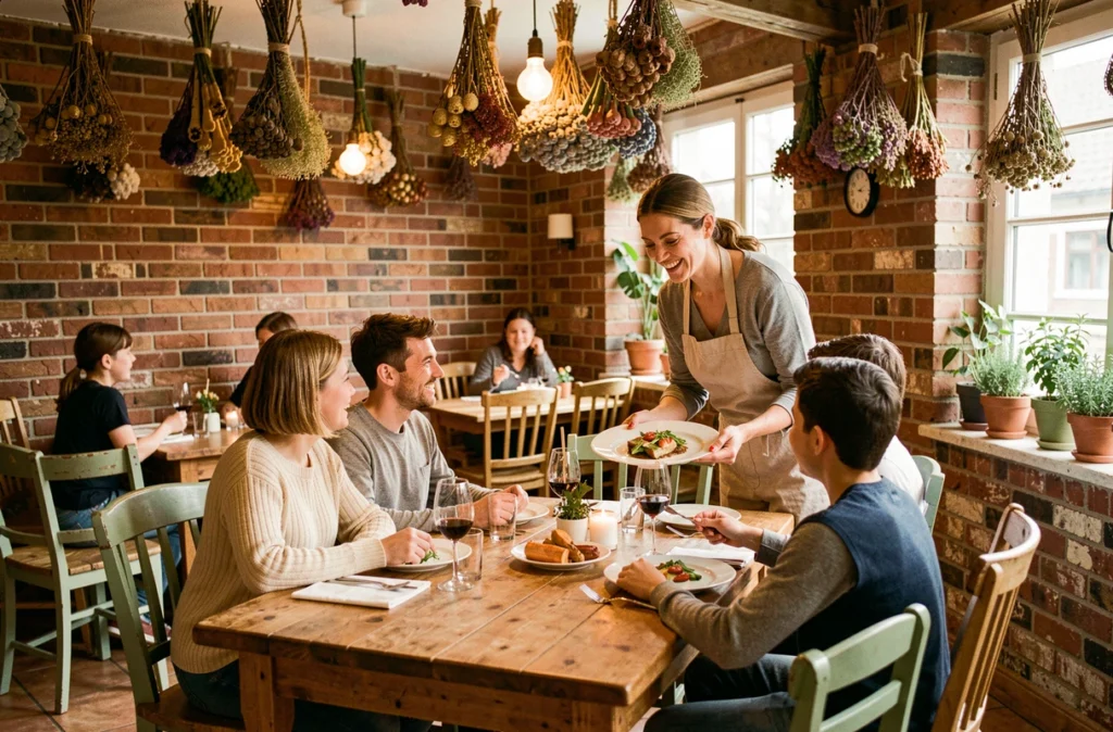 Serveuse accueillante servant un plat français traditionnel à une table familiale dans la salle chaleureuse et rustique du restaurant Rosalie à Antony