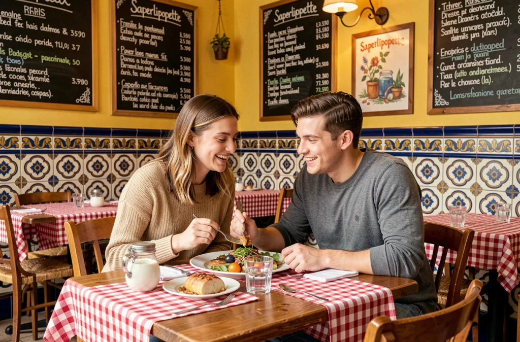 Couple partageant un repas dans la salle colorée et conviviale de Saperlipopette à Puteaux, décor bistrot avec carrelage et ardoise au mur