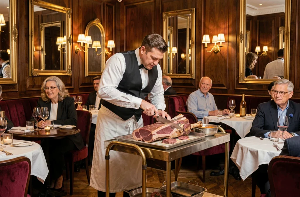 Service de gigot d'agneau à la découpe en salle au restaurant Sébillon à Neuilly-sur-Seine, décor brasserie classique avec boiseries sombres et banquettes velours rouge