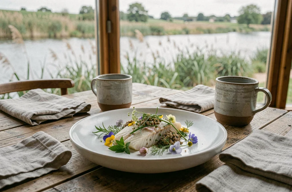 Table du restaurant Les Roseaux Pensants à Cormery avec assiette gastronomique aux herbes sauvages et fleurs comestibles, vue sur les roseaux de l'Indre