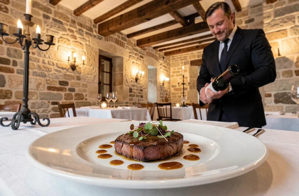 Assiette gastronomique soigneusement dressée à La Table de Pavie dans un cadre en pierres de Saint-Émilion avec un sommelier en arrière-plan